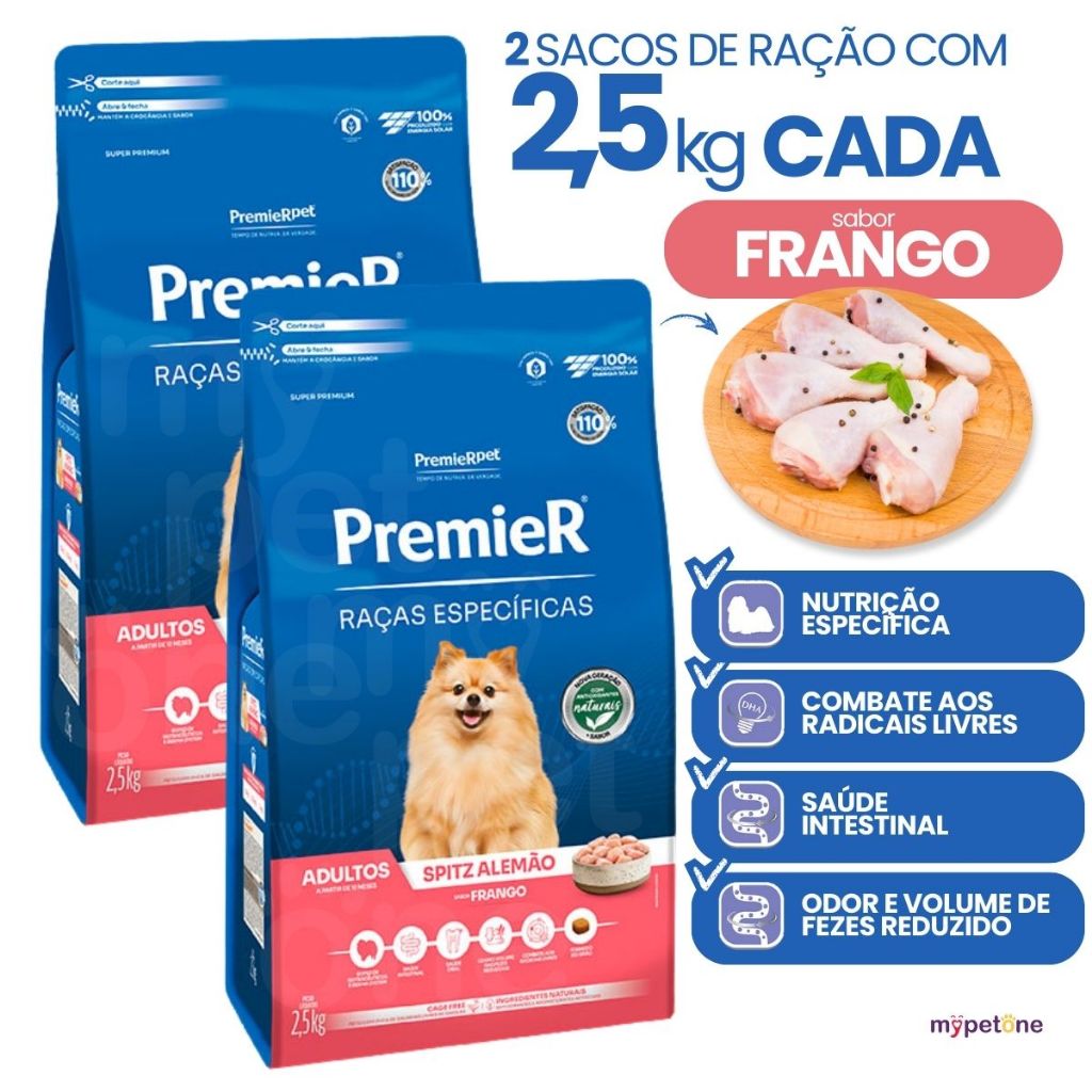 Kit 2 Ração Premier Pet Raças Específicas Cães Adultos Spitz Alemão Sabor Frango - 2,5 Kg