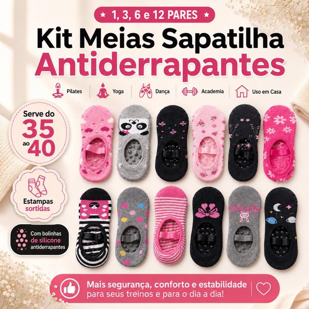 Kit Meias Sapatilha Antiderrapante Pilates Yoga Academia Dança 1 2 3 6 Pares Sortidas