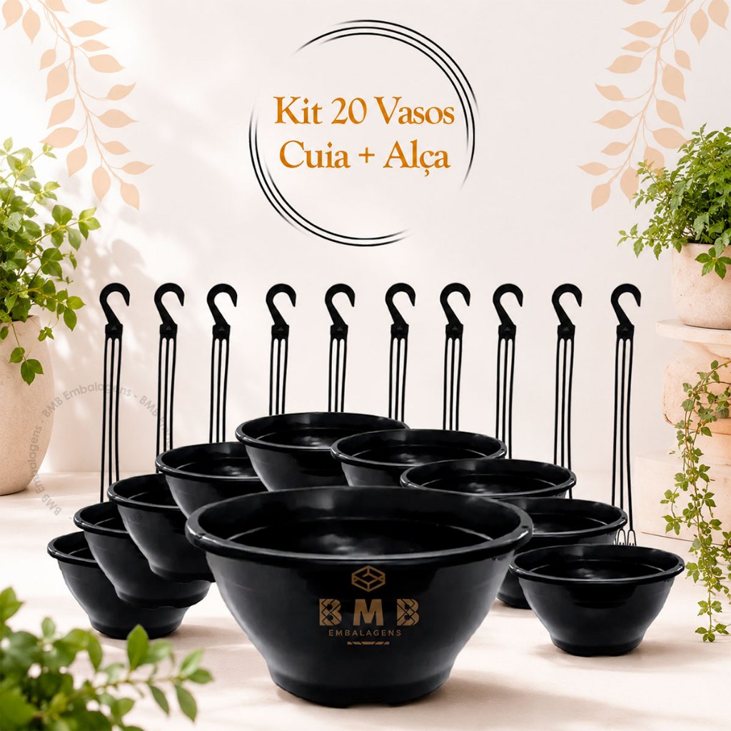 Kit 20 Vaso Cuia 21 Lisa Preto 20 Haste 43cm Alça Resistente Rosa do Deserto Suculentas Samambaia