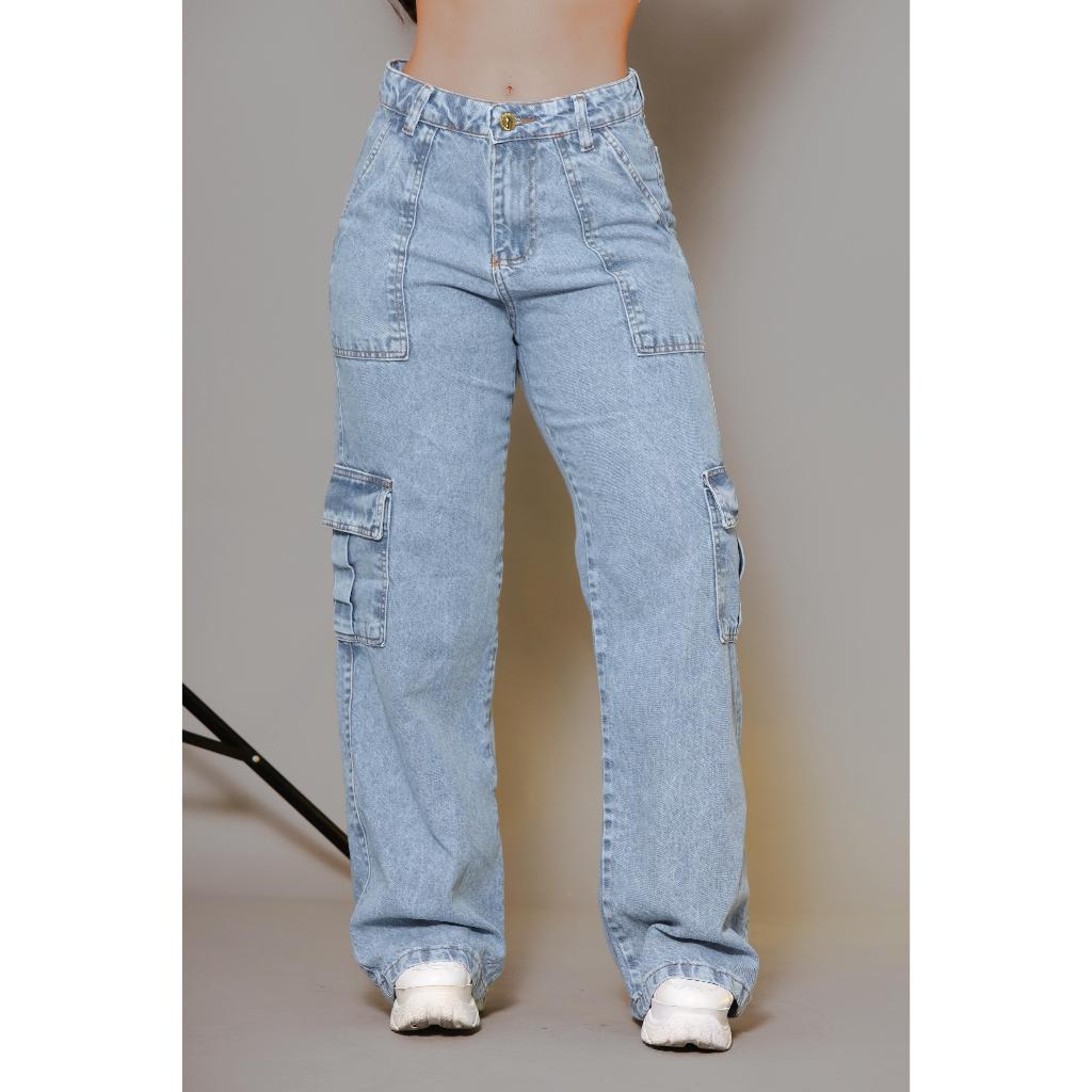 Calça Jeans Cargo Wide Leg Feminina Lavagem Clara carpinteiro