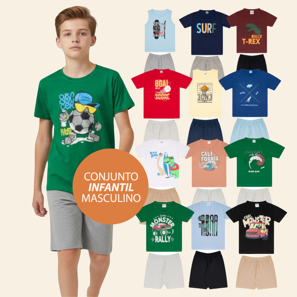 Conjunto Menino Infantil Algodão Macio e Confortável Verão