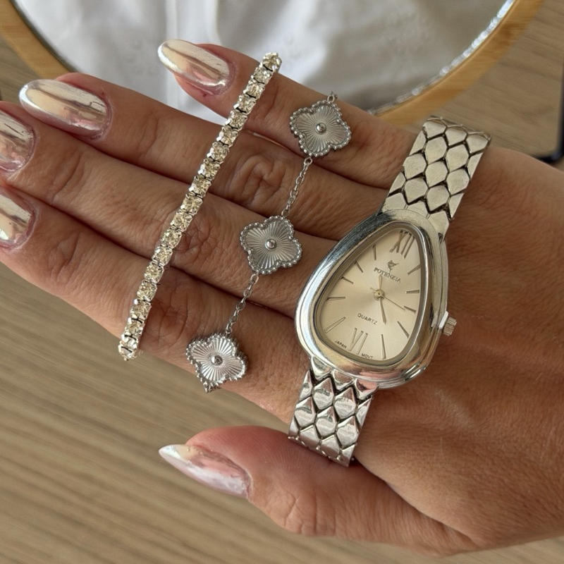Kit Relógio Feminino Potenzia Gota Pulseira Escamada Quartz Elegante Pulseira Trevo Aço Trevo