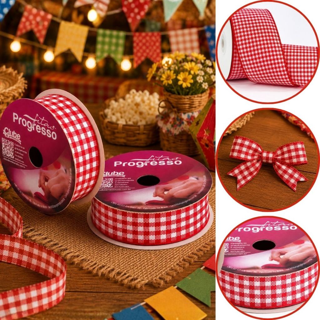 1~5 FITA CETIM FESTA JUNINA TECIDO 22 mm VERMELHO XADREZ 10 METROS FESTA JUNINA (CHOCO)