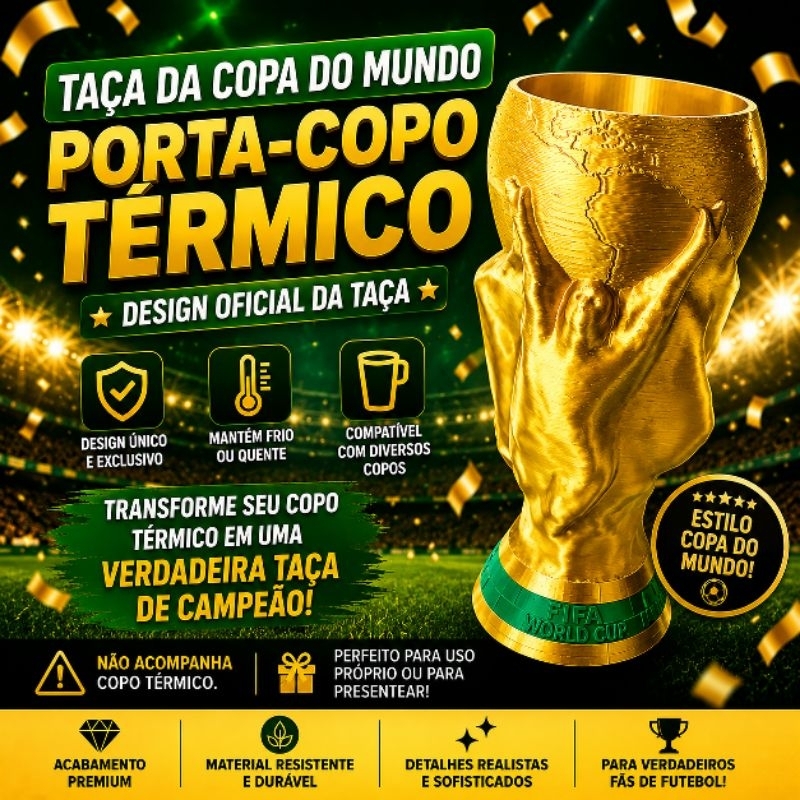Taça Estilo Copa do Mundo Porta Copo Térmico | Decoração para copo Futebol taça copa do mundo, porta copo térmico | copa