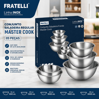Kit de Bowl Saladeira Inox Tigela Aço Escovado Inox Vasilha Funda 3 ou 5 peças Master Cook Salada