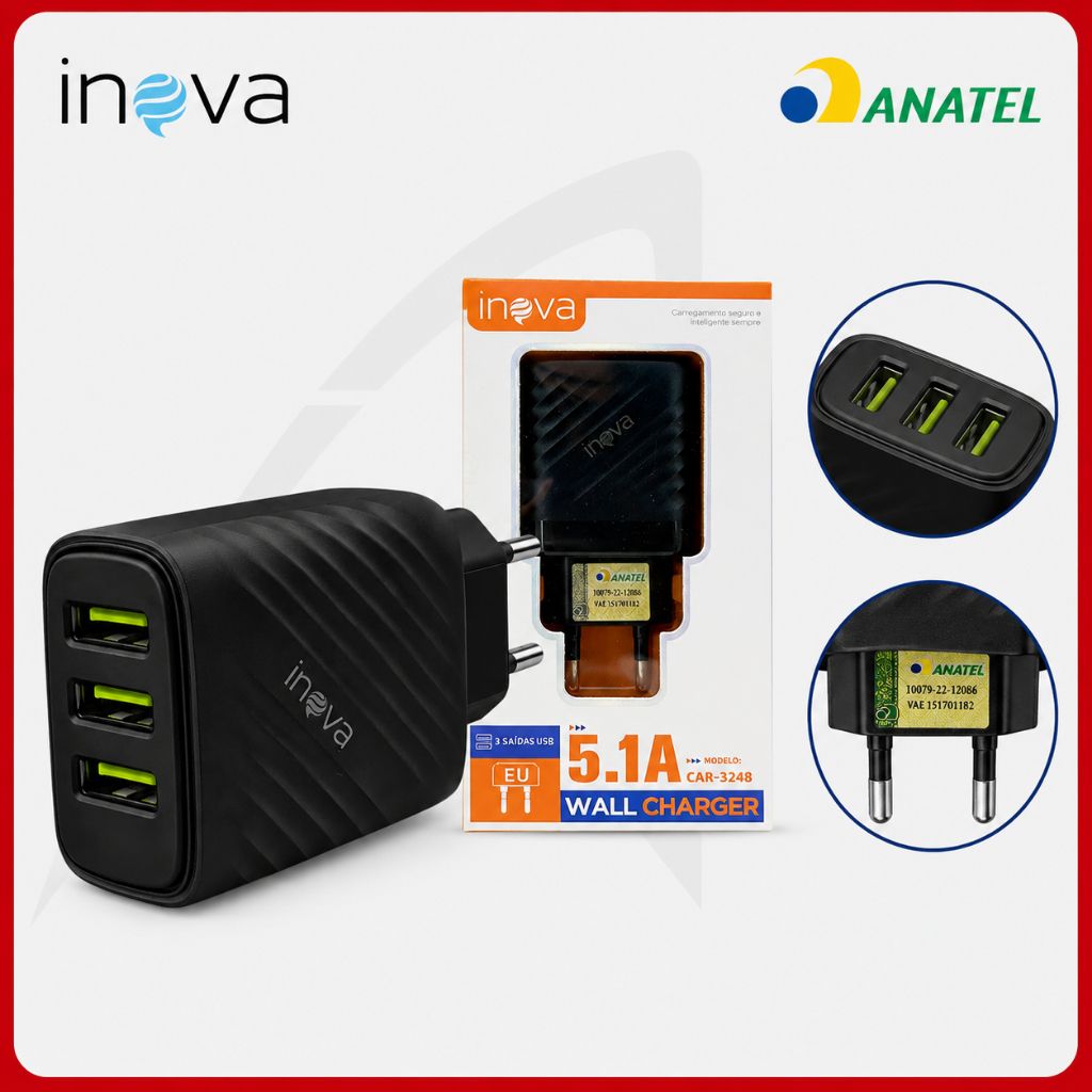 Fonte Inova 3 Entradas USB Adaptador de Carregador para Celular Rápido Original Inova