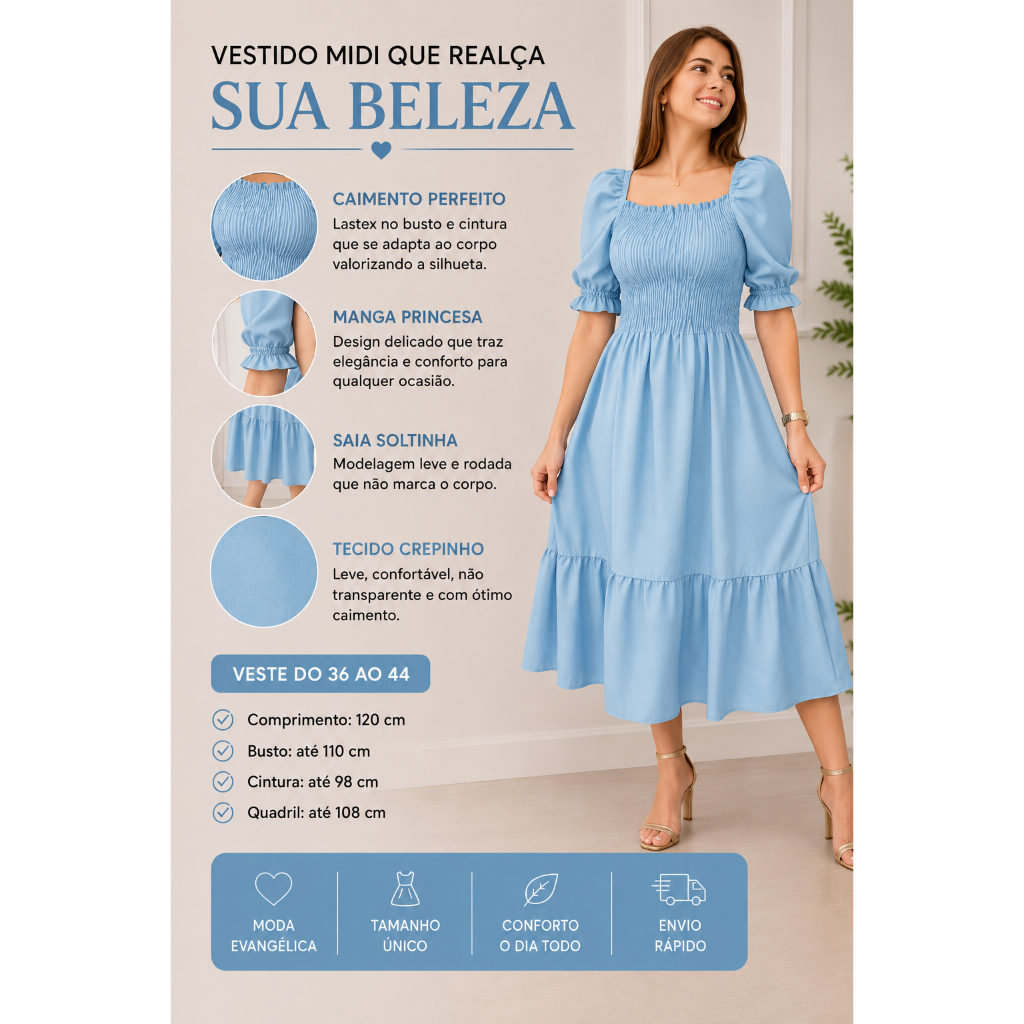 Vestido Feminino Midi Classico Crepinho Liso