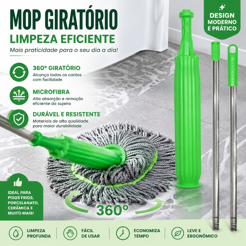 Esfregão 360° Mop Twist Auto-Torção Microfibra 2 em 1 Limpeza Geral