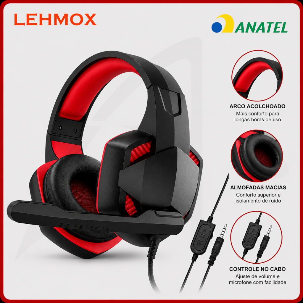 Headset Gamer com Fio P2 3,5mm Microfone Ajustável Driver 40mm Lehmox