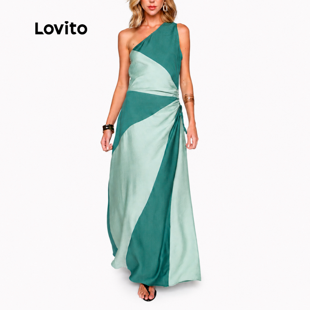Lovito Vestido Longo Feminino Bicolor Assimétrico DRB18321862