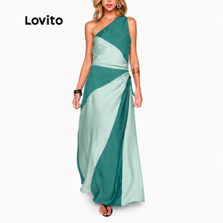 Lovito Vestido Longo Feminino Bicolor Assimétrico DRB18321862