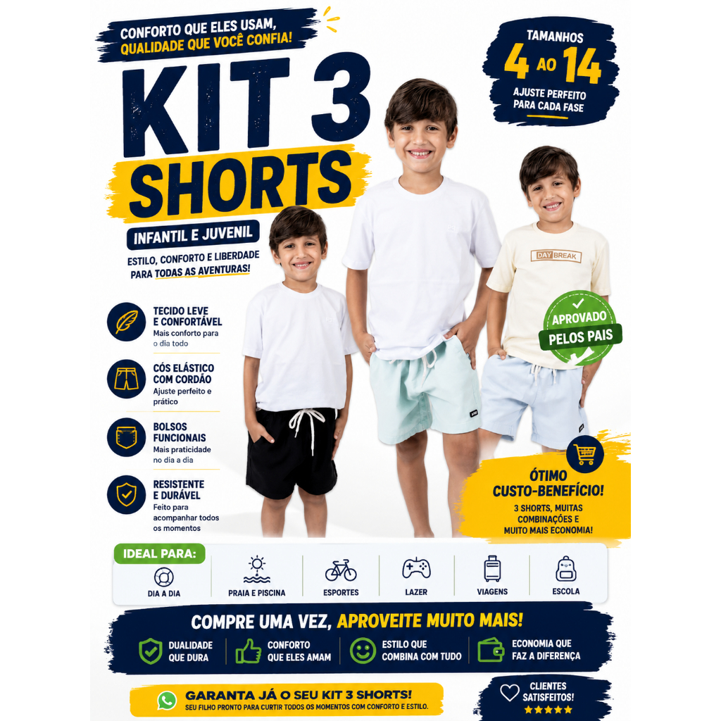 Kit 3 Shorts Infantil Juvenil em Linho Premium – Conforto, Estilo e Qualidade