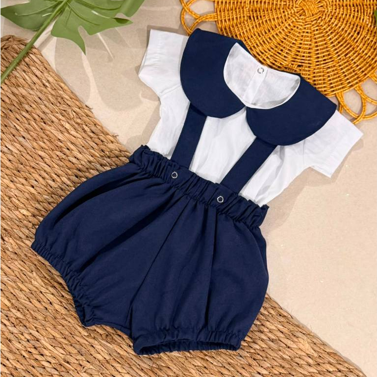 Conjunto Bebê Menino Roupa Social Suspensório e Short 2 a 6 Meses