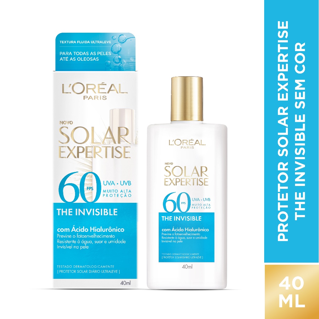 Imagem Protetor Solar Facial FPS 60 Antifotoenvelhecimento, Resistente à Água, Sem Cor, Solar Expertise L'Oréal Paris 40g