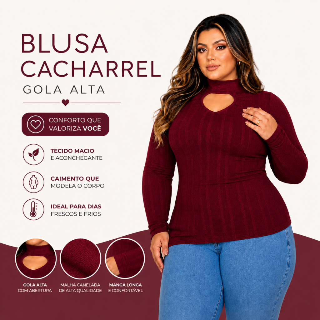 Blusa Cacharrel Gola Alta Manga Comprida Plus Size Feminina Inverno Frio