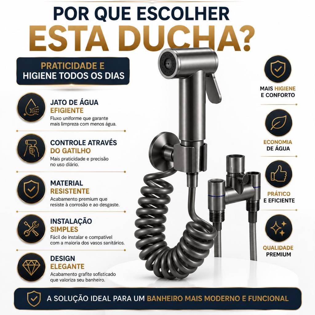Ducha Higiênica Premium Grafite com Registro e Mangueira Flexível | Kit Completo para Banheiro