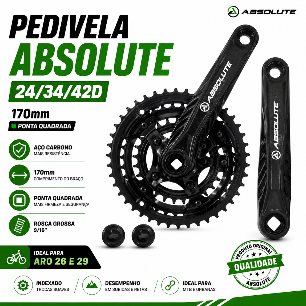 Pedivela em Aço Absolute 24/34/42D 170mm  Aro 26 e 29 Index Ponta Quadrada com Protetor Bicicleta