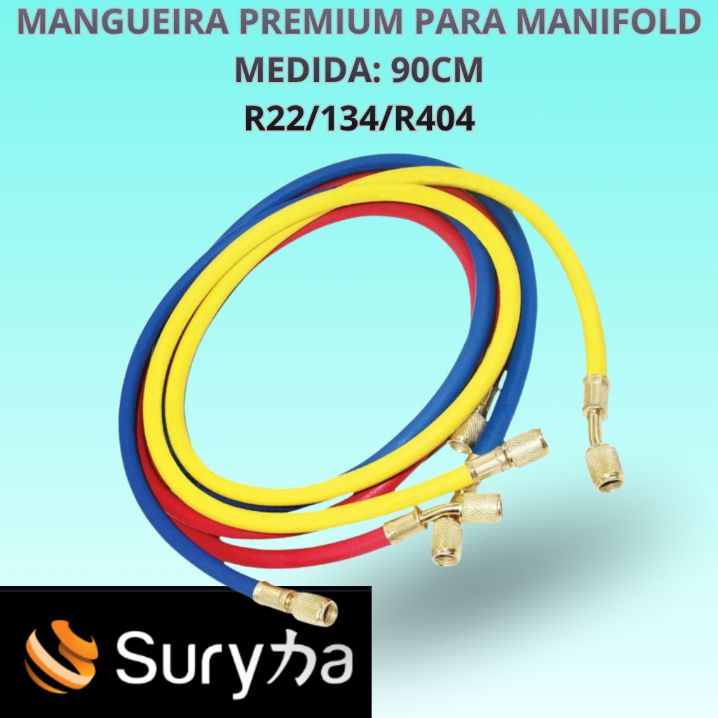 Mangueiras para manifold Suryha 90cm R22/134A/404A 1/4" SAE Reforço de nylon Válvula autocentrante