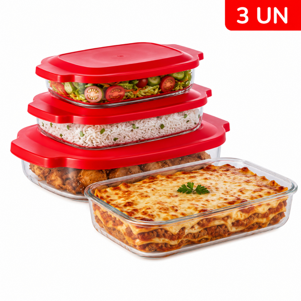Kit 3 Travessas de Vidro Retangular  2000/2700/3800ml Assadeira Forno C/ Tampa Diamond