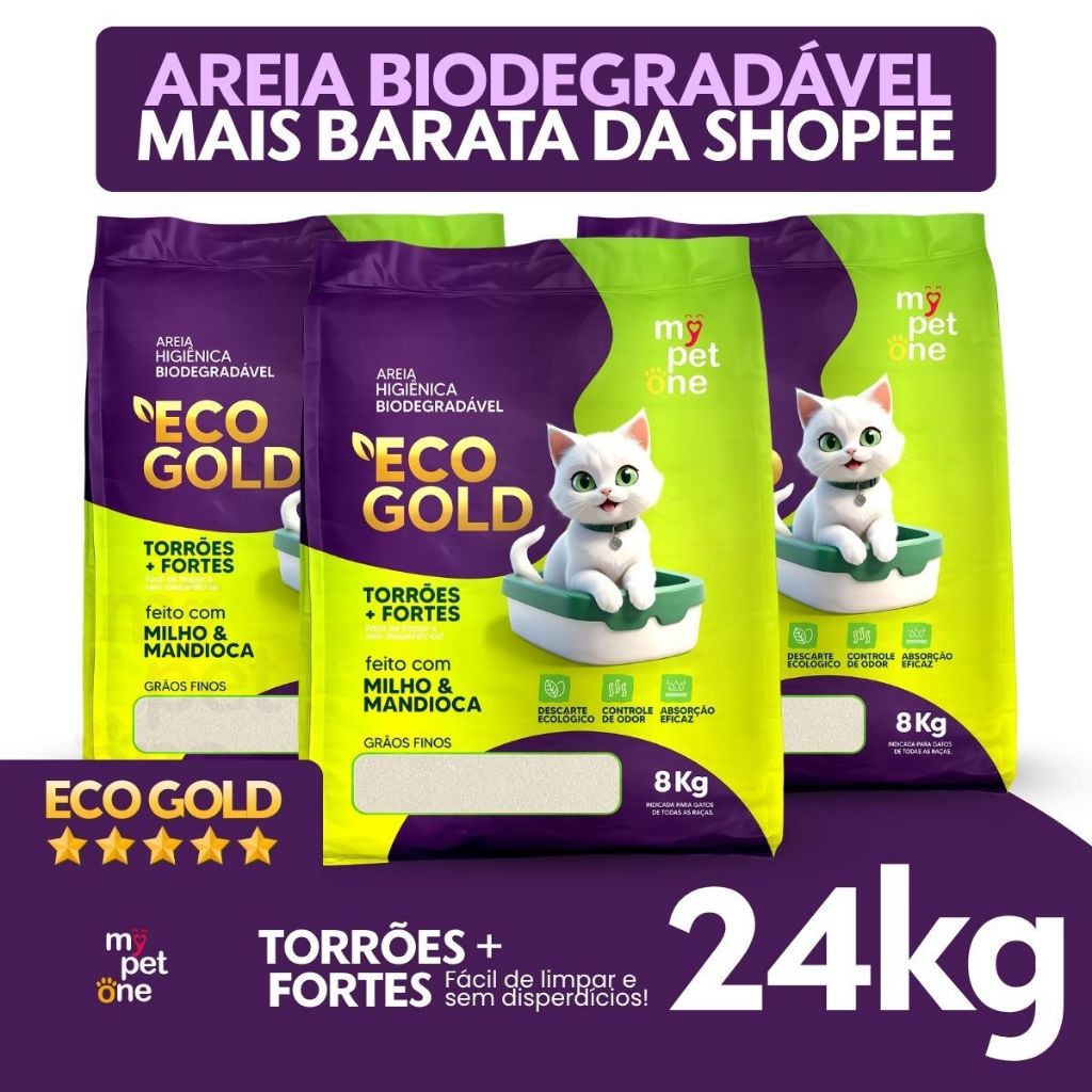 Kit 3 Areia Biodegradável Milho e Mandioca para Gatos Cat Bio Eco Gold Grãos Finos MyPetOne -24Kg