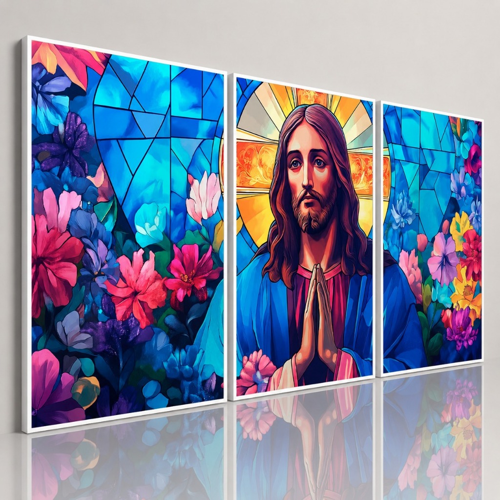 Quadros 3 Peças Decorativos Jesus Cristo Religioso Sala Quarto Imagem Vitral Colorido Flores Moldura Grande Premium