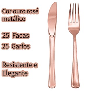 Kit 25 Garfos e 25 facas descartáveis ouro rosa luxo para festa, talheres resistentes aniversário