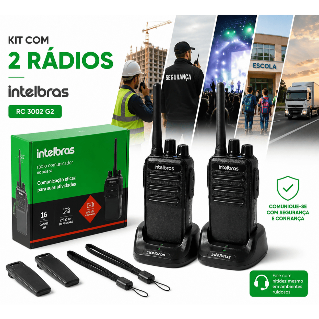 Rádio Comunicador Intelbras RC 3002 G2 Kit 2 Unidades Preto UHF Comunicação