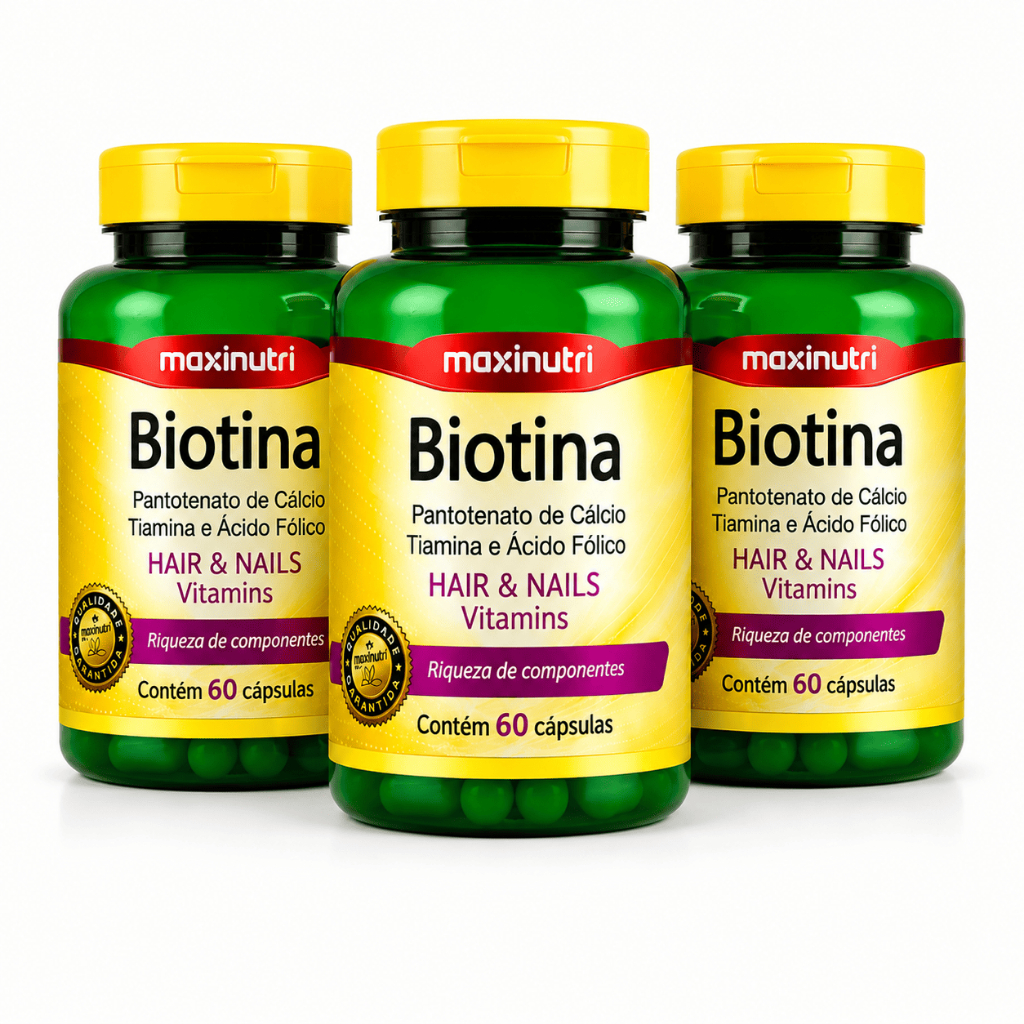 Kit 3x Suplemento Biotina Maxinutri 60 Cápsulas Cada - Fortalece Cabelos e Unhas com Vitaminas B
