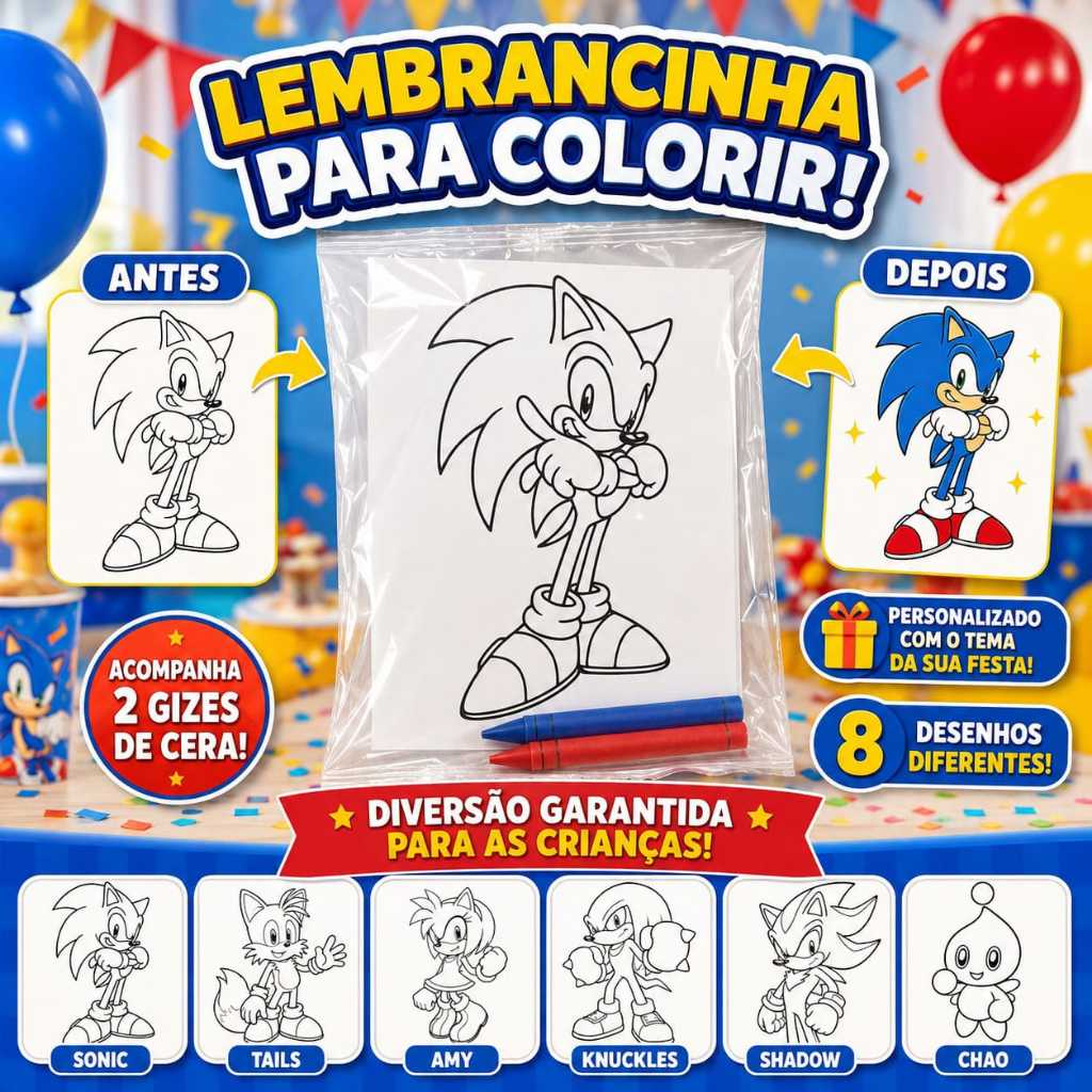 Kit Colorir Sonic com Giz de Cera | Lembrancinha Infantil Personalizada Festa Aniversário