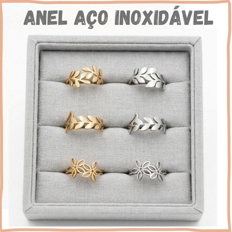 Anel Feminino Aço Inoxidável Folhas, Flores e Ramos  prateado e dourado - Folhas, Flor e Ramos delicado