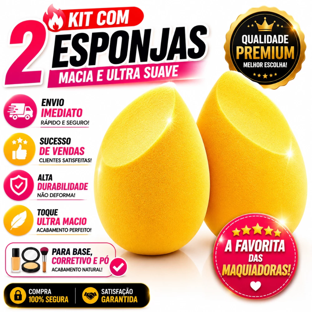 Kit 2 Esponjas de Maquiagem Formato Manga Amarelas Macias para Base Corretivo e Pó