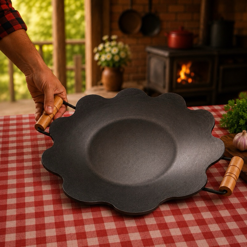 Disco de Arado para Paella e Porções – Chapa de Arado com Alças de Madeira