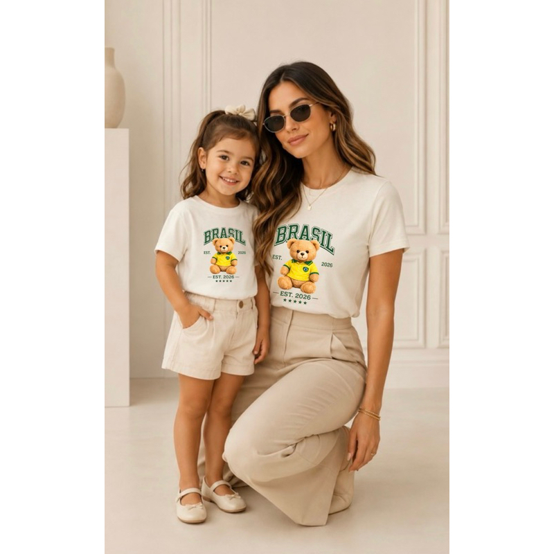Kit Feminino Camiseta Mãe e Filha Brasil Algodão Estilosa Confortável Copa 2026 Delicada Azul Amarela Moda Bandeira