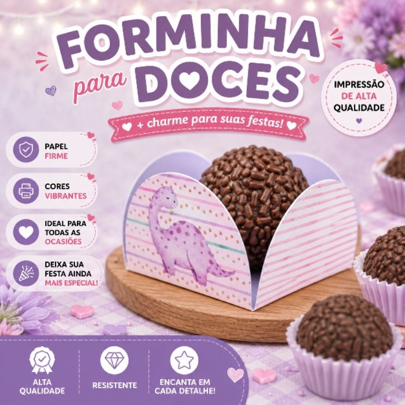 50 a 200 Forminhas Personalizadas DINOSSAURO ROSA Doce Brigadeiro Festa Aniversário Decoração Todos os Temas