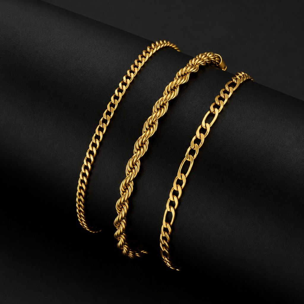 Kit 3 Pulseira Masculina Aço Inox Dourado Cordão Baiano Grumet Antialérgica Não Escurece