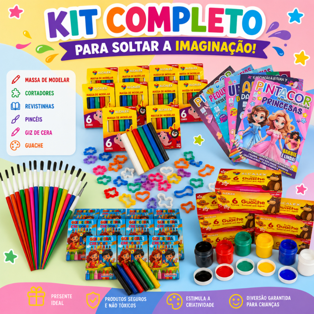 25 Itens Para Pintura Kit Escolar Massinha de Modelar Livro de Colorir Tinta Guache Pincel Infantil