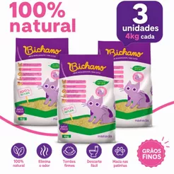 Kit 03 Unidades Areia Biodegradável Bichano Gatos Grãos Finos 12kg Manada Grão Fino Milho Mandioca