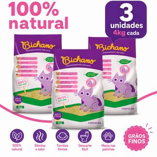 Kit 03 Unidades Areia Biodegradável Bichano Gatos Grãos Finos 12kg Manada Grão Fino Milho…