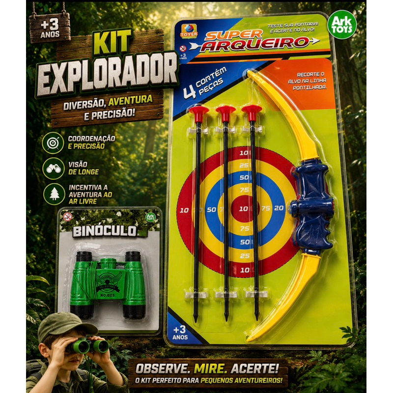 Kit Explorador Infantil Super Arqueiro Gigante + Binóculo Aventura | Mire, Observe e Acerte!