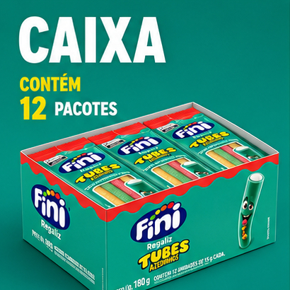 Bala Fini Tubes Azedinhos Cereja Maçã Verde Baunilha Abacaxi e Nata 12x15g Original