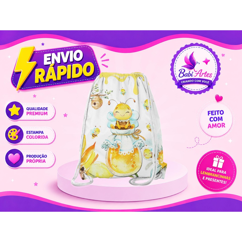 Mochilinha Saco Abelhinha Festa Aniversário Lembrancinha Saquinho Infantil Envio Rápido