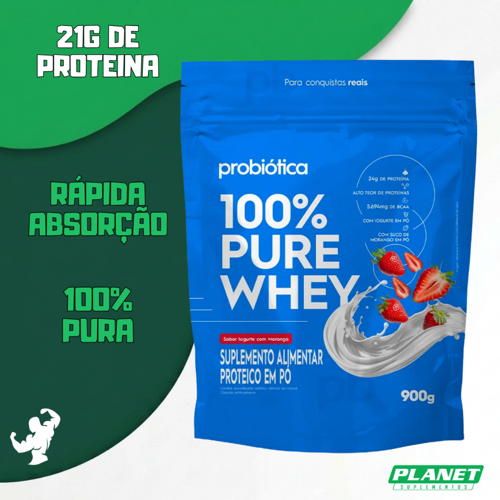 100% Pure Whey 900g Refil Probiótica Economia Aumento Ganho de Massa Muscular Prático Saboroso