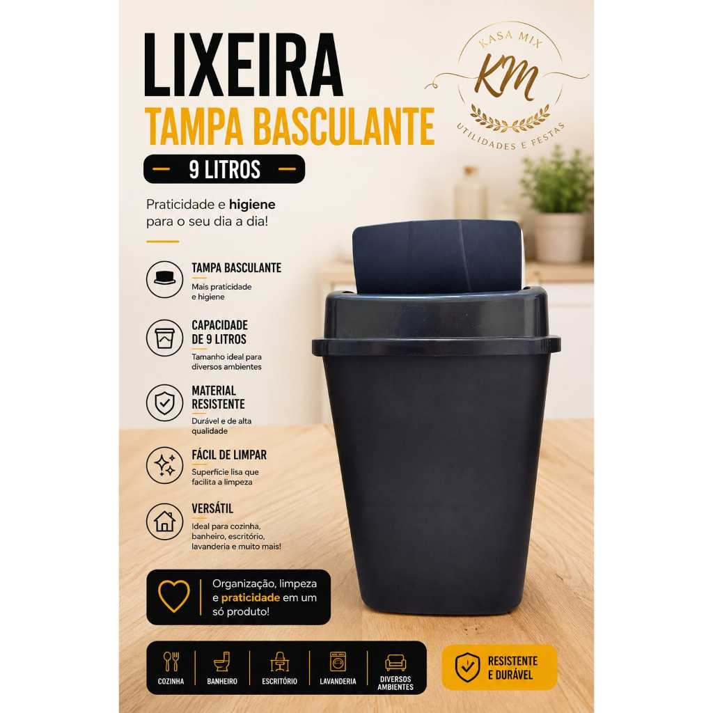 Lixeira 9 Litros Preta Multiuso Basculante designer clean cozinha, banheiro