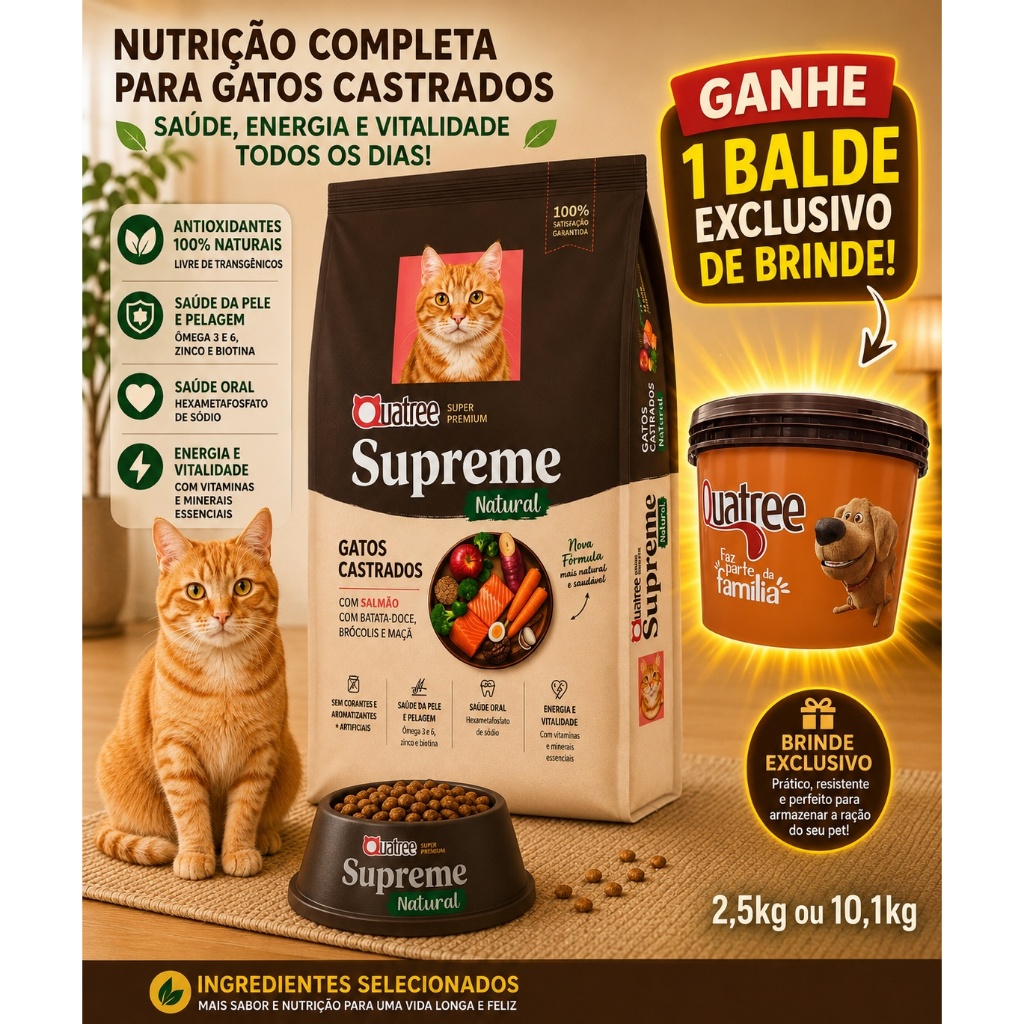 Ração Quatree 10Kg + Balde - Quatree Supreme Castrado Salmão Para Gato Adulto -Quatree Super Premium