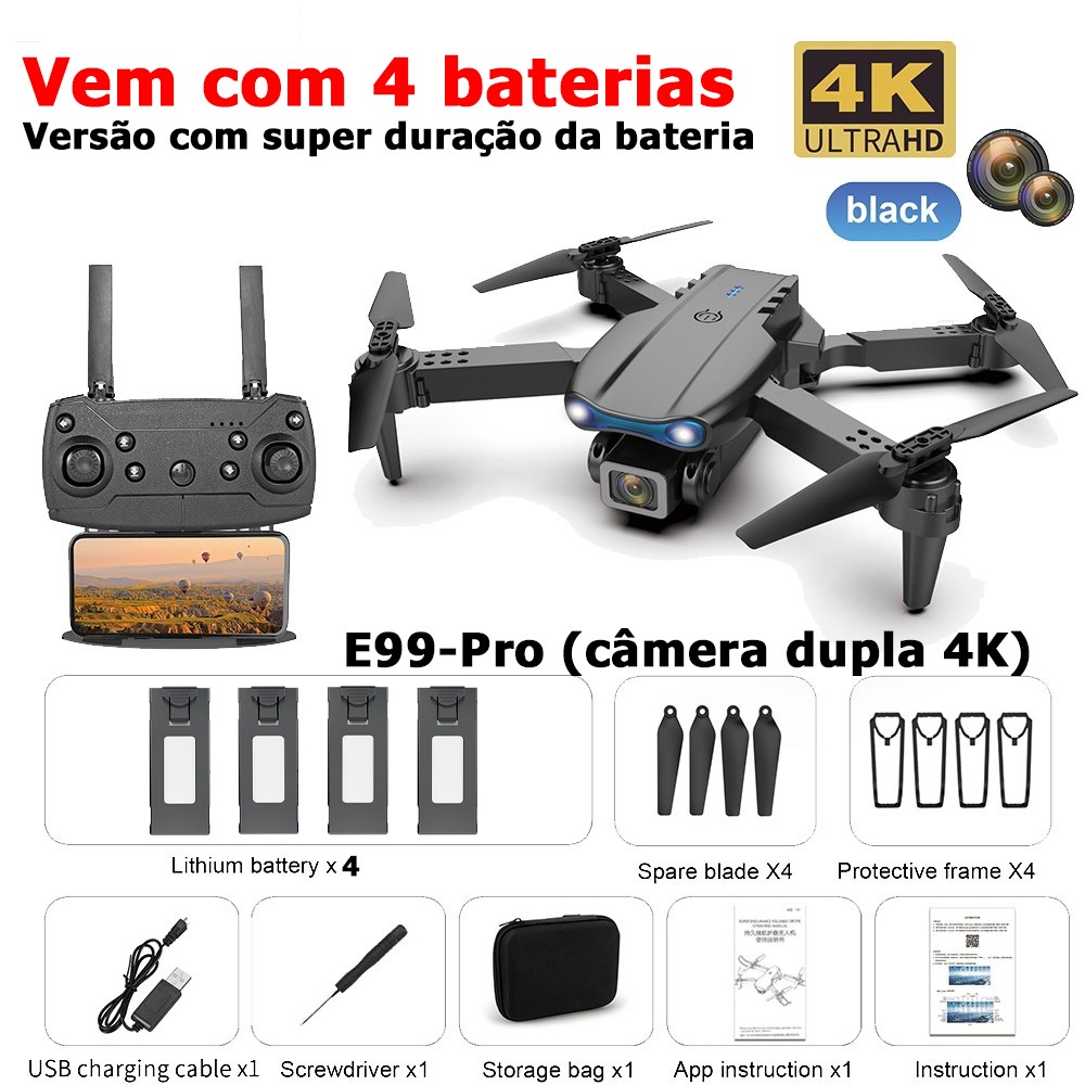 【Novo 4 Bateria】Dli E99 pro Drone Profissional Alta Definição Câmera Dupla Fotografia Fluxo Dobrável RC Quadcopter