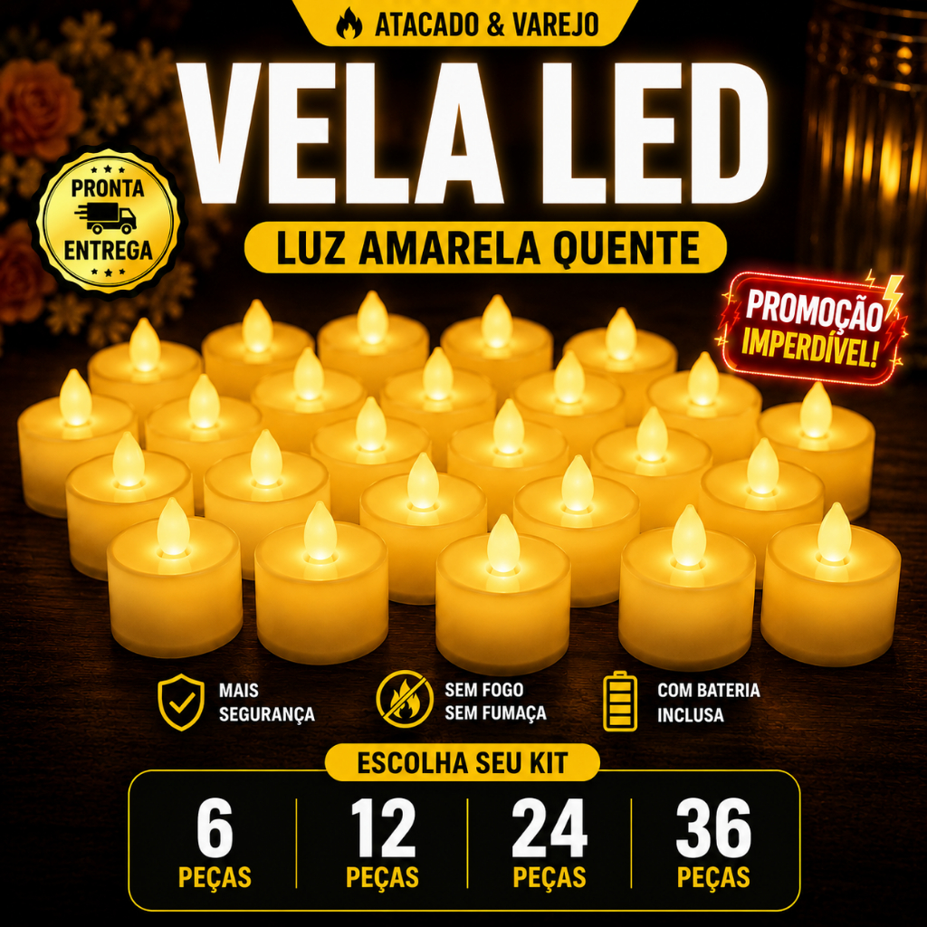 Kit 6/12/24/36 Velas LED Decorativas Luz Amarela Quente Com Bateria Inclusa | Festa Casamento Decoração
