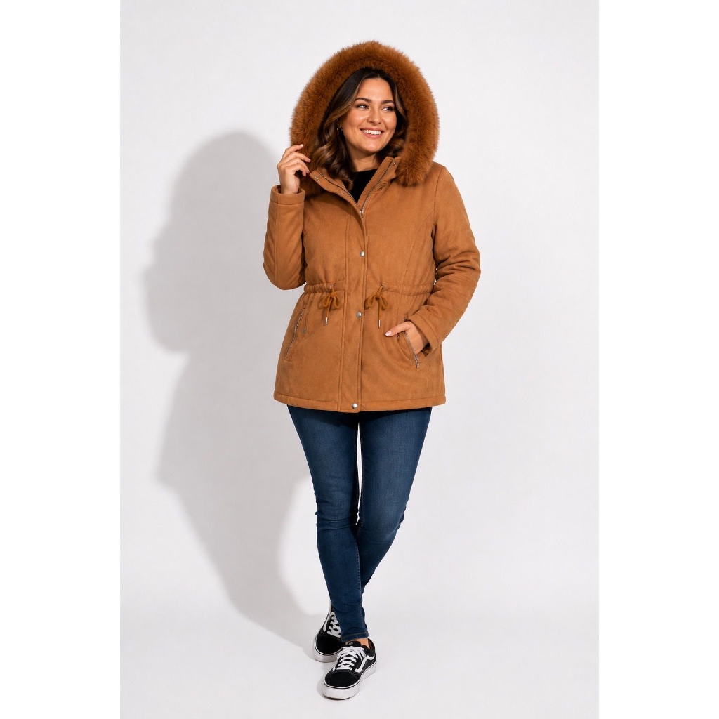 PARKA SUEDE Jaqueta Parka Sarja Feminina Camurça Forrada Inverno Quentinha com Capuz Removível