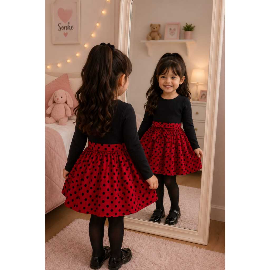Vestido Infantil Ladybug Vermelho Poá Preto Estilo Joanimha