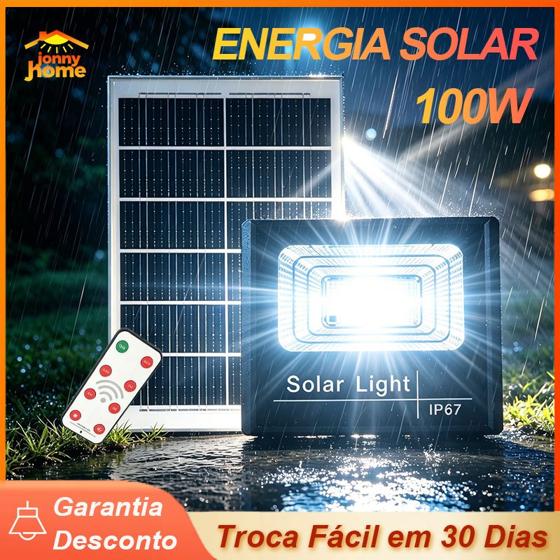 Refletor LED Solar 100w Holofote IP67 A Prova D'água Com Painel Solar e Bateria - Luz Externa Super Forte