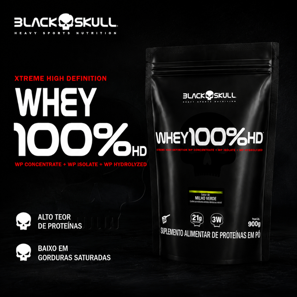 WHEY 100%HD Refil 900g WPC +Isolado +Hidrolisado Black Skull